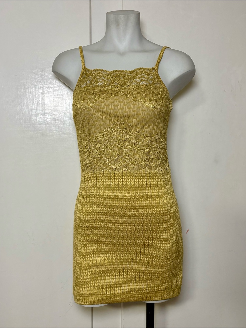 Vintage 90s Maria Bonita Gold Nylon Lace Bodycon Mini Dress